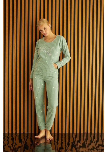 Kadın Bisiklet Yaka Kanguru Cep Bilek Manşetli Fitilli Polar Kışlık Pijama Takımı