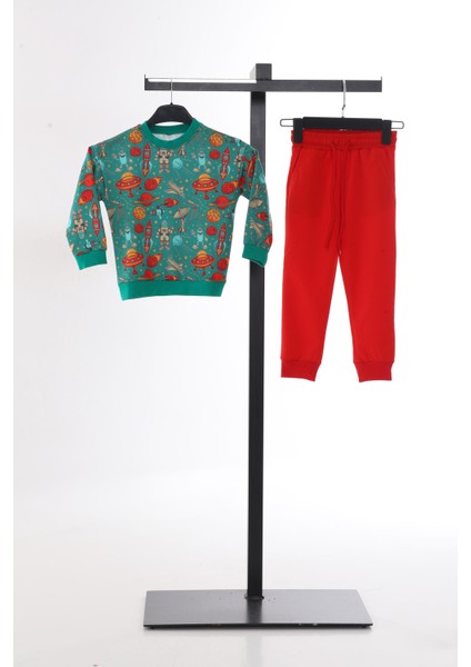 Yeşil Uzay Baskılı Erkek Çocuk Bisiklet Yaka Sweat Eşofman Takımı