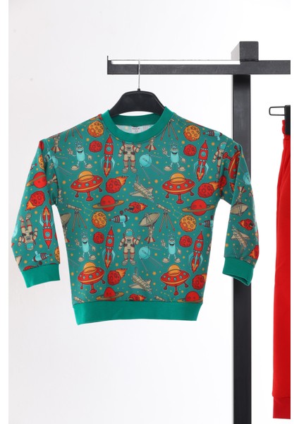Yeşil Uzay Baskılı Erkek Çocuk Bisiklet Yaka Sweat Eşofman Takımı fiyatları