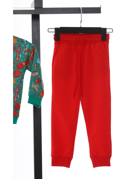 Yeşil Uzay Baskılı Erkek Çocuk Bisiklet Yaka Sweat Eşofman Takımı modelleri