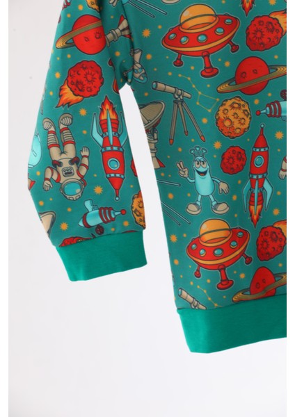 Yeşil Uzay Baskılı Erkek Çocuk Bisiklet Yaka Sweat Eşofman Takımı fırsatları