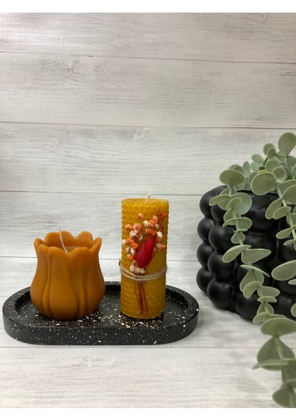 Balmumu Lale Gül Mum + Orta Boy Petek Sarma Mum + Oval Mumluk