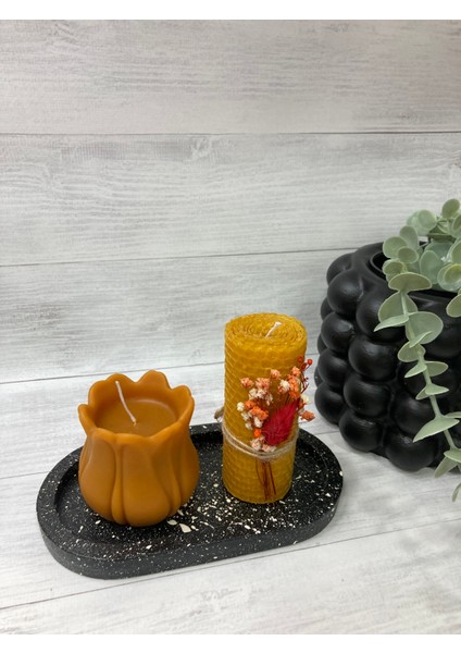 Balmumu Lale Gül Mum + Orta Boy Petek Sarma Mum + Oval Mumluk fiyatları
