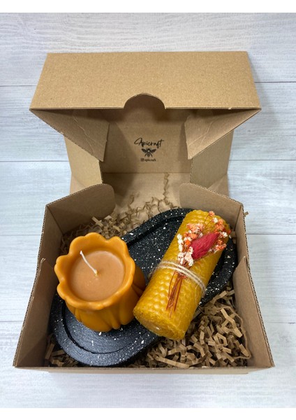 Balmumu Lale Gül Mum + Orta Boy Petek Sarma Mum + Oval Mumluk modelleri