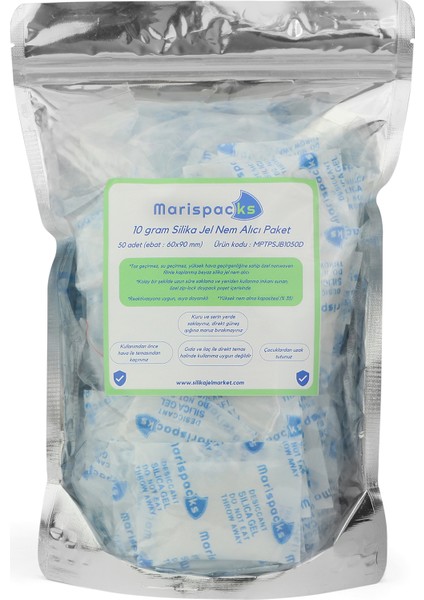 10 G x 50 Adet Silikajel Nem Alıcı Paket (Nonwoven, Metalize Doypack Ambalajda)