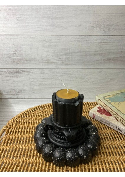 Siyah Dekoratif Antik Sütun + Siyah Bubble Tabak +4lü Balmumu Tealight Hediyeseti