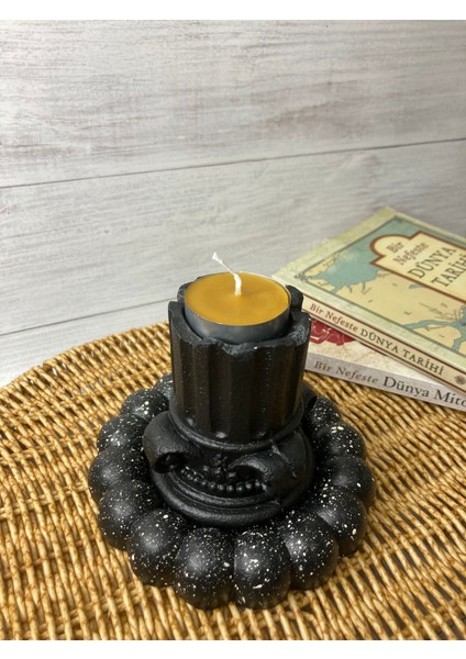 Siyah Dekoratif Antik Sütun + Siyah Bubble Tabak +4lü Balmumu Tealight Hediyeseti