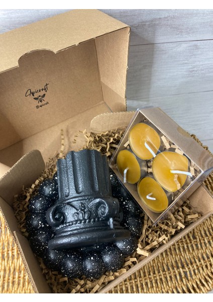 Siyah Dekoratif Antik Sütun + Siyah Bubble Tabak +4lü Balmumu Tealight Hediyeseti
