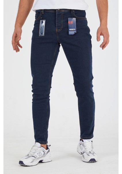 Erkek Slim Fit Likralı Koyu Mavi Kot Pantolon