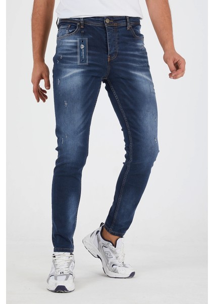 Erkek Slim Fit Likralı Tırnaklı Koyu Mavi Kot Pantolon