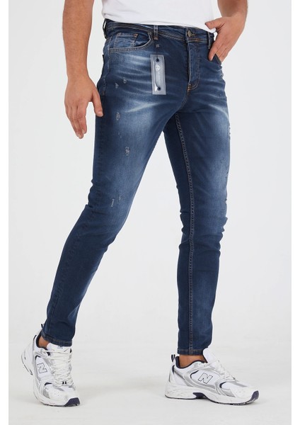 Erkek Slim Fit Likralı Tırnaklı Koyu Mavi Kot Pantolon
