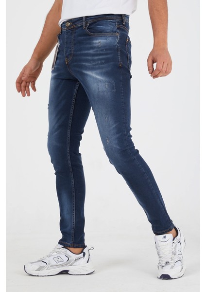 Erkek Slim Fit Likralı Tırnaklı Koyu Mavi Kot Pantolon
