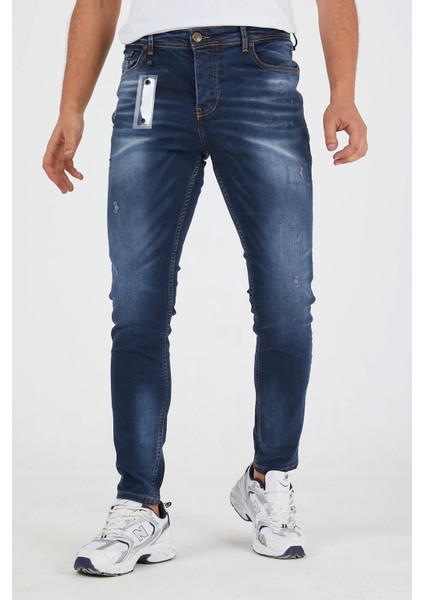 Erkek Slim Fit Likralı Tırnaklı Koyu Mavi Kot Pantolon