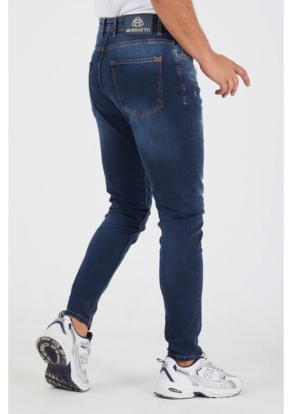 Erkek Slim Fit Likralı Tırnaklı Koyu Mavi Kot Pantolon