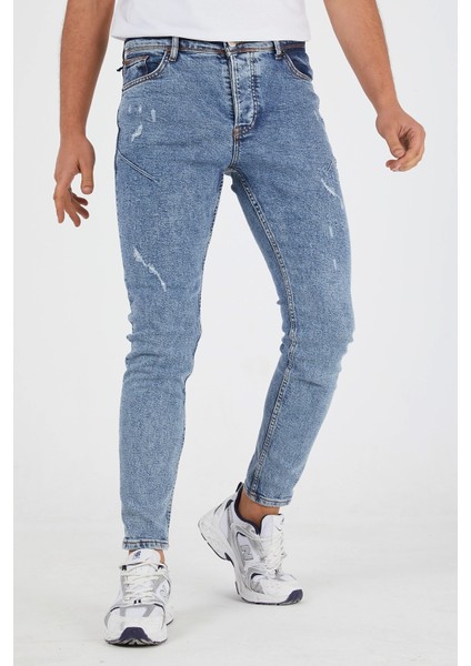 Erkek Slim Fit Likralı Yırtık Açık Kar Yıkama Kot Pantolon