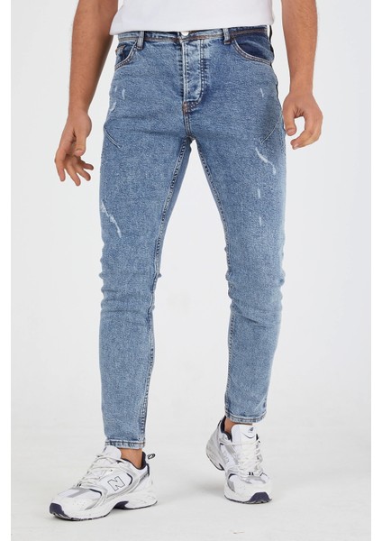 Erkek Slim Fit Likralı Yırtık Açık Kar Yıkama Kot Pantolon