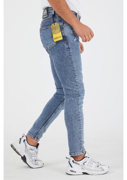 Erkek Slim Fit Likralı Yırtık Açık Kar Yıkama Kot Pantolon