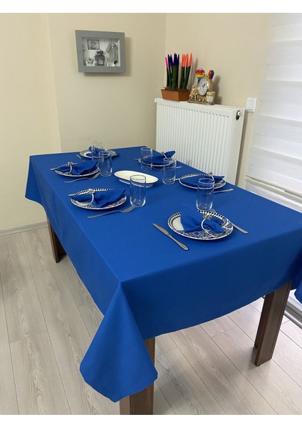 Sıvı Geçirmez Keten Dertsiz Masa Örtüsü Saks Mavi + 12 Peçete