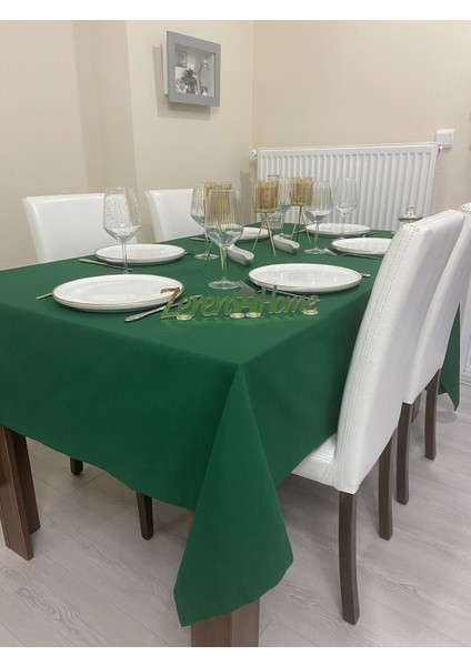 Sıvı Geçirmez Keten Dertsiz Masa Örtüsü Yılbaşı Yeşili + 12 Peçete