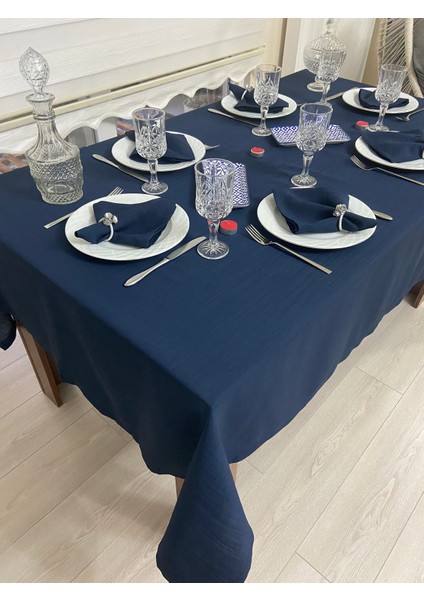 Polyester Keten Dertsiz Masa Örtüsü Lacivert + 6 Peçete