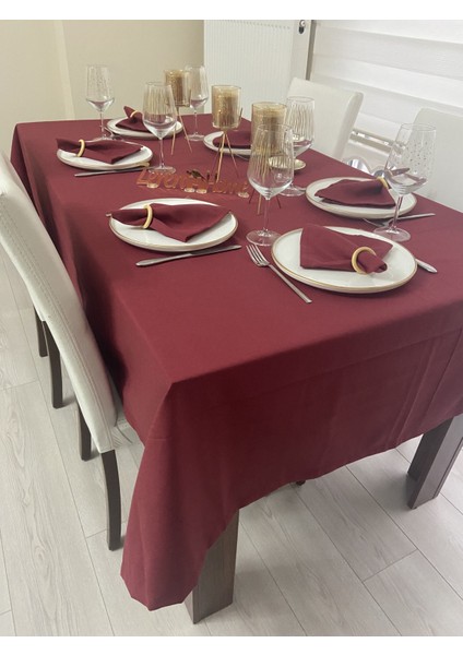 Sıvı Geçirmez Keten Dertsiz Masa Örtüsü Bordo + 12 Peçete