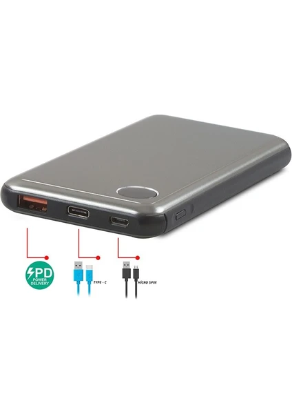 IP-QC10PD 10000MAH Pd Süper Hızlı Şarj Metal Kasa Powerbank Gri Taşınabilir Pil Şarj Cihazı