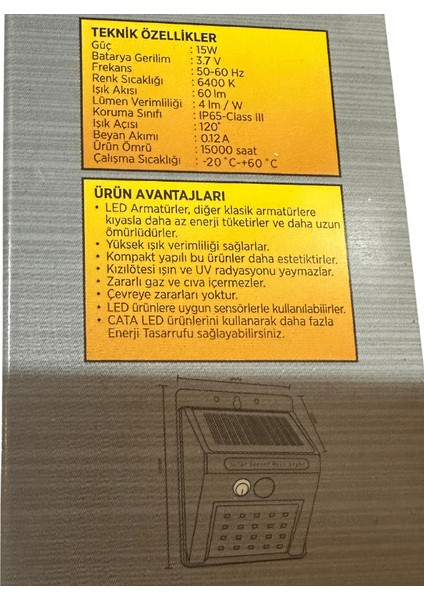 CT-7330 15W 6400K (Beyaz Işık) Sensörlü Solar Güneş Panelli LED Aplik (2 Adet)