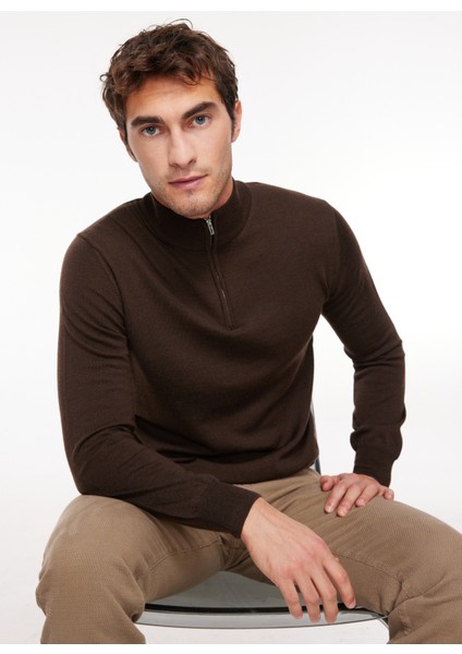 Fermuarlı Yaka Slim Fit Kahve Erkek Kazak 61101130