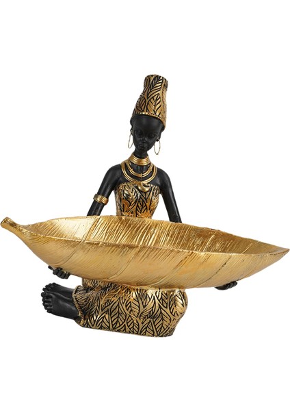 Afrikaanse Sculptuur Standbeeld, Dienblad Figuur Lady Beeldje Standbeeld ile Büyük Yaprakları Tutuyor (Yurt Dışından) modelleri