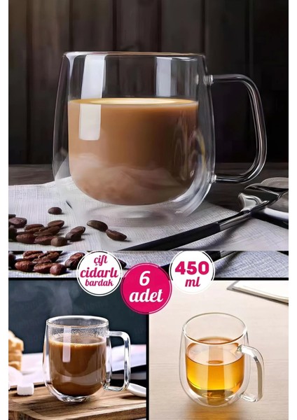 6'lı Çift Cidarlı Cam Kupa Bardak 450 ml Ev Ofis Fincanı Çift Katlı Isı Yalıtımlı