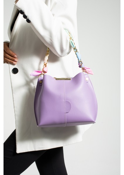 Kadın Fularlı Zincir Aksesuarlı Yumuşak Deri 3 Bölmeli El Kol ve Omuz Çantası