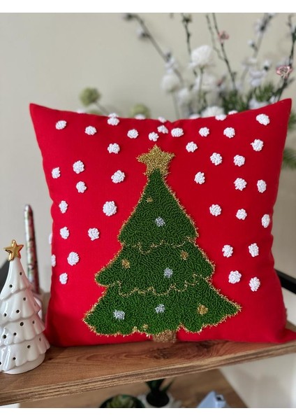 Punchhatolyesii Çam Ağacı Desen Elyapımı Kırlent Kılıfı Panch Kırmızı Renk
