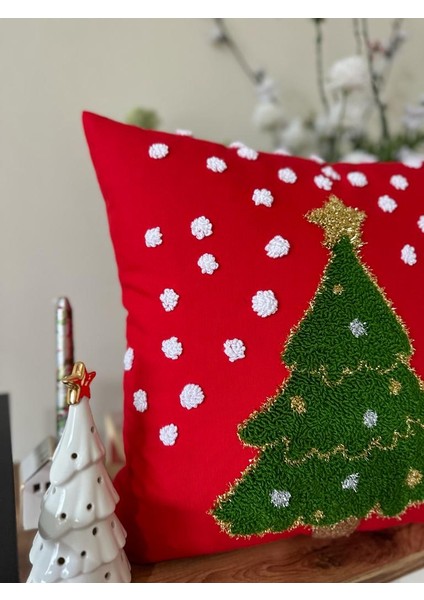 Punchhatolyesii Çam Ağacı Desen Elyapımı Kırlent Kılıfı Panch Kırmızı Renk fiyatları