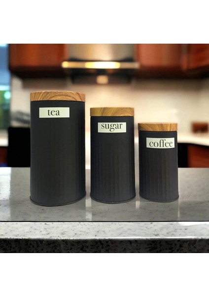 Metal Çay Kahve Şeker Saklama Kabı Kavanoz - Siyah 3'lü