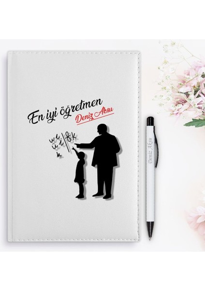 Kişiye Özel Öğretmenler Günü Tasarımlı 2024 Beyaz Deri Ajanda ve Kalem Hediye Seti - 7