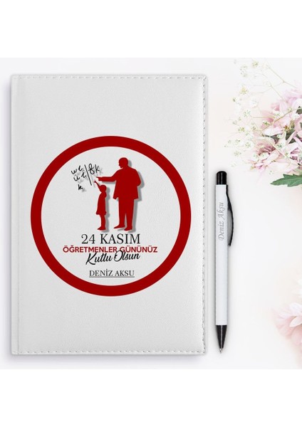 Kişiye Özel Öğretmenler Günü Tasarımlı 2024 Beyaz Deri Ajanda ve Kalem Hediye Seti - 11