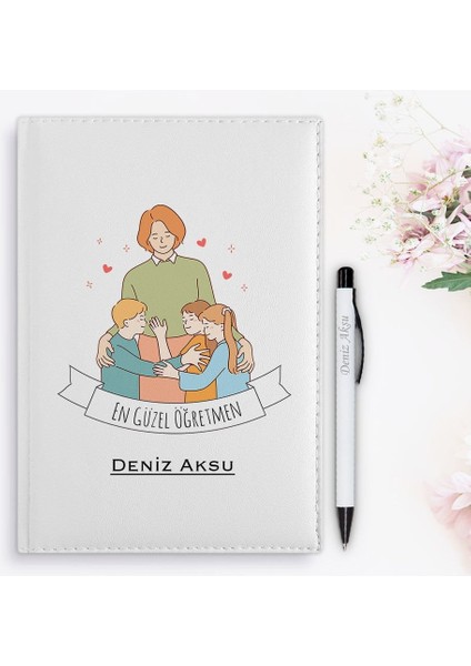 Kişiye Özel Öğretmenler Günü Tasarımlı 2024 Beyaz Deri Ajanda ve Kalem Hediye Seti - 8