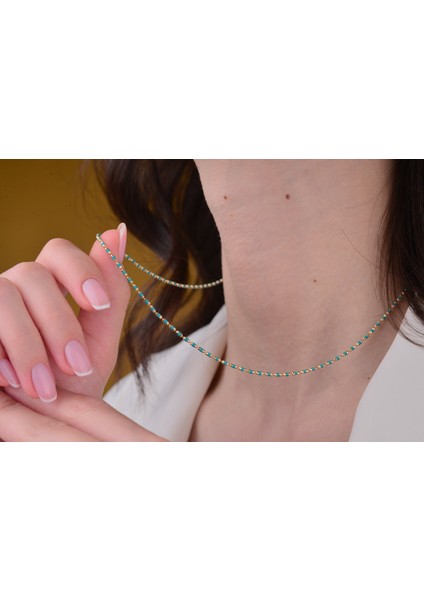 Renkli Mineli Noktalı Toplu Zincir Kolye 14 Ayar Altın