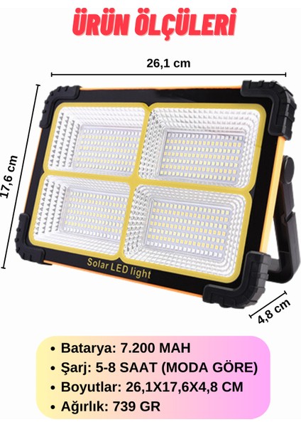 Taşınabilir Projektör Güneş Enerjili LED Çalışma Aydınlatma ve Çakarlı İkaz Lambası