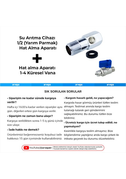 Su Arıtma Cihazı 1/2 Yarım Parmak Hat Alma ve Küresel Vana 2'li Set