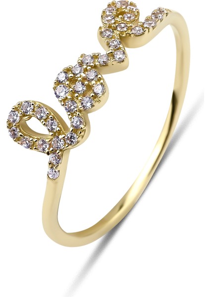 14 Ayar Altın Taşlı Love Yüzük Desen Yüzük KRS093-14GR