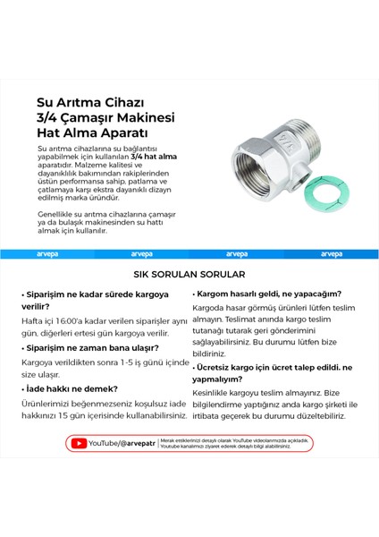 Su Arıtma Cihazı 3/4 Çamaşır Makinesi Hat Alma Aparatı