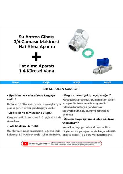 Su Arıtma Cihazı 3/4 Çamaşır Hat Alma ve Küresel Vana 2'li Set