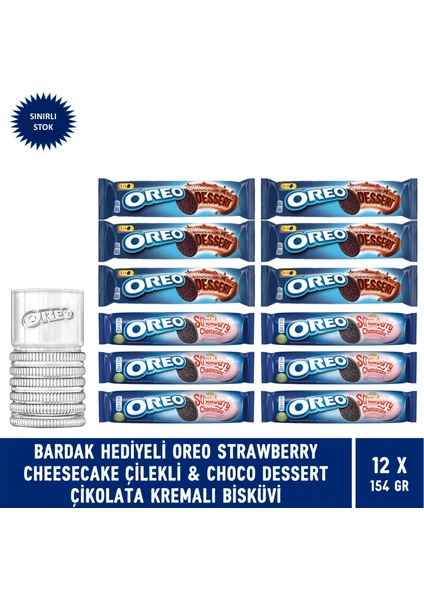 Bardak Hediyeli-Oreo Strawberry Cheesecake & Choco Dessert Çikolatalı Kremalı Bisküvi 154 Gr-12 Adet