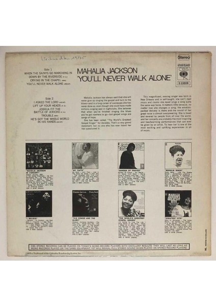 Mahalia Jackson You'll Never Walk Alone Lp Plak (Orjinal 1982 Hollanda Baskı)