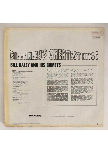 Bill Haley And His Comets Bill Haley's Greatest Hits Lp Plak (Orjinal Alman Baskı)