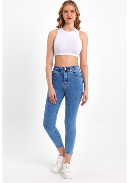 Toparlayıcı Kumaş Yüksek Bel Mavi Skinny Jean