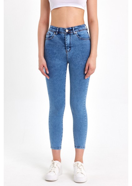 Toparlayıcı Kumaş Yüksek Bel Mavi Skinny Jean