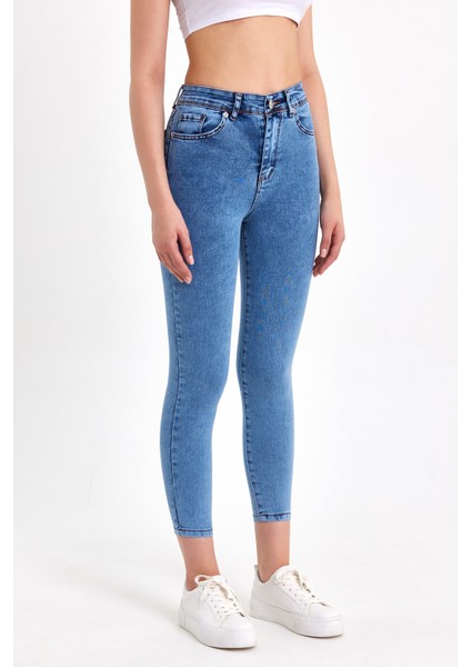 Toparlayıcı Kumaş Yüksek Bel Mavi Skinny Jean