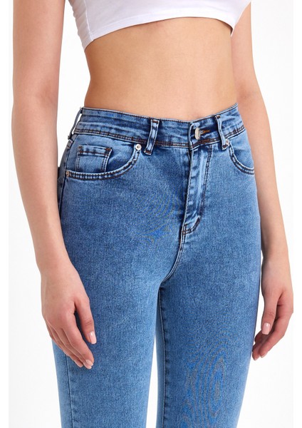 Toparlayıcı Kumaş Yüksek Bel Mavi Skinny Jean